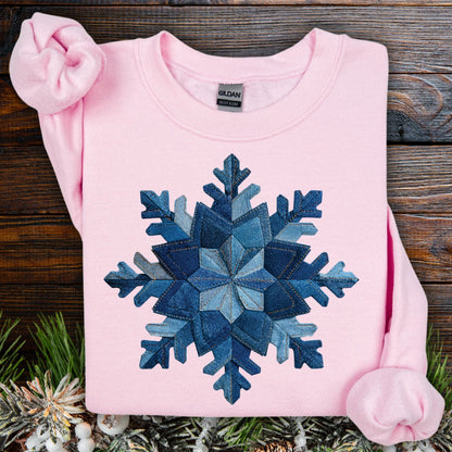 Light pink faux patchwork denim snowflake sweatshirt, heavy blend, classic fit, S.