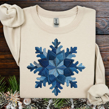 Sand faux patchwork denim snowflake sweatshirt, 50/50 cotton-poly blend, classic fit.