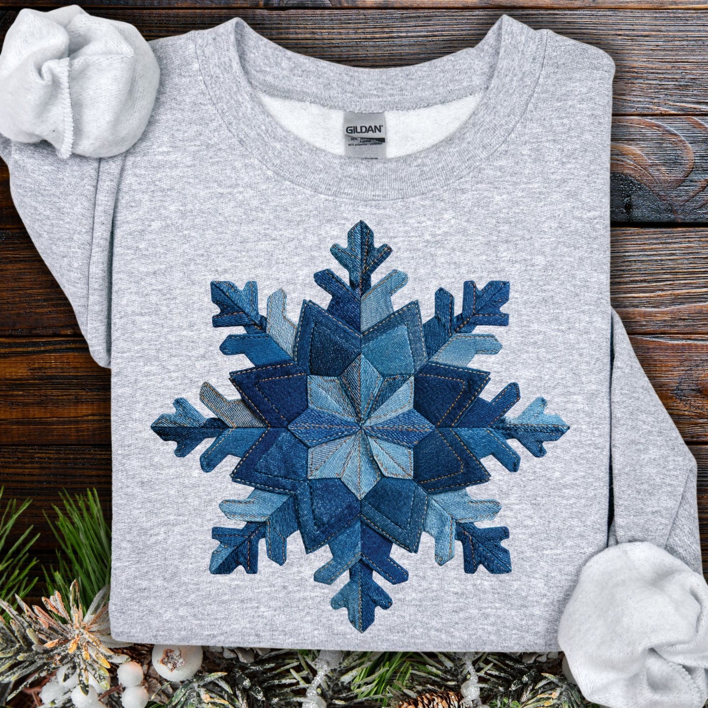 Sport Grey S sweatshirt with a faux patchwork denim snowflake design.