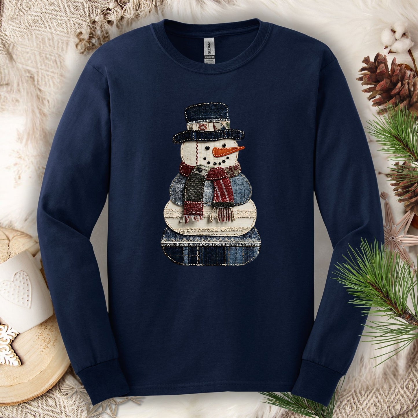 Faux Patchwork Denim Snowman Long Sleeve Tee