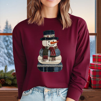 Faux Patchwork Denim Snowman Long Sleeve Tee