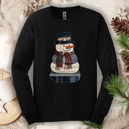 Faux Patchwork Denim Snowman Long Sleeve Tee