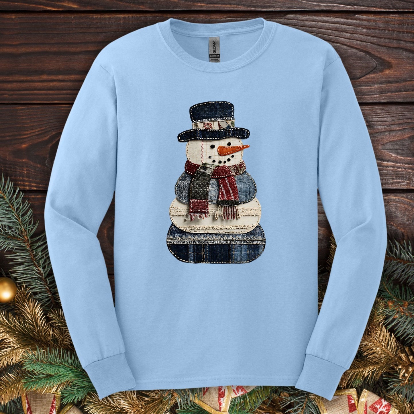 Faux Patchwork Denim Snowman Long Sleeve Tee