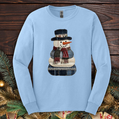Faux Patchwork Denim Snowman Long Sleeve Tee