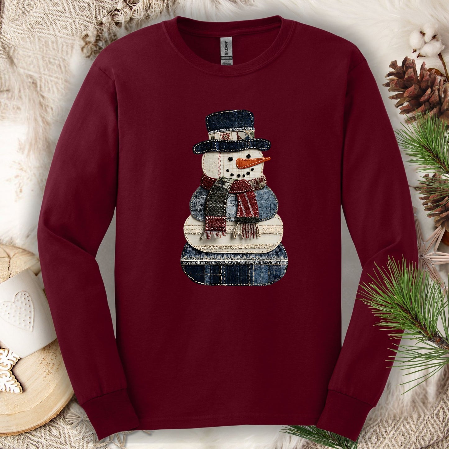 Faux Patchwork Denim Snowman Long Sleeve Tee