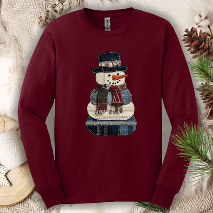 Faux Patchwork Denim Snowman Long Sleeve Tee