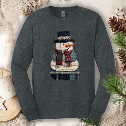 Faux Patchwork Denim Snowman Long Sleeve Tee