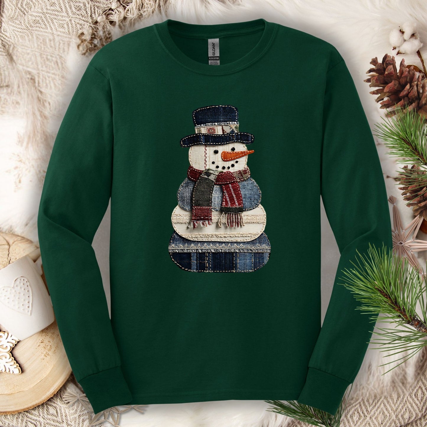 Faux Patchwork Denim Snowman Long Sleeve Tee