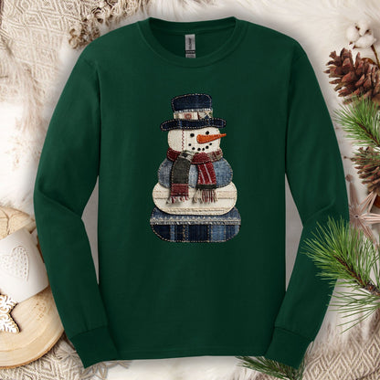 Faux Patchwork Denim Snowman Long Sleeve Tee