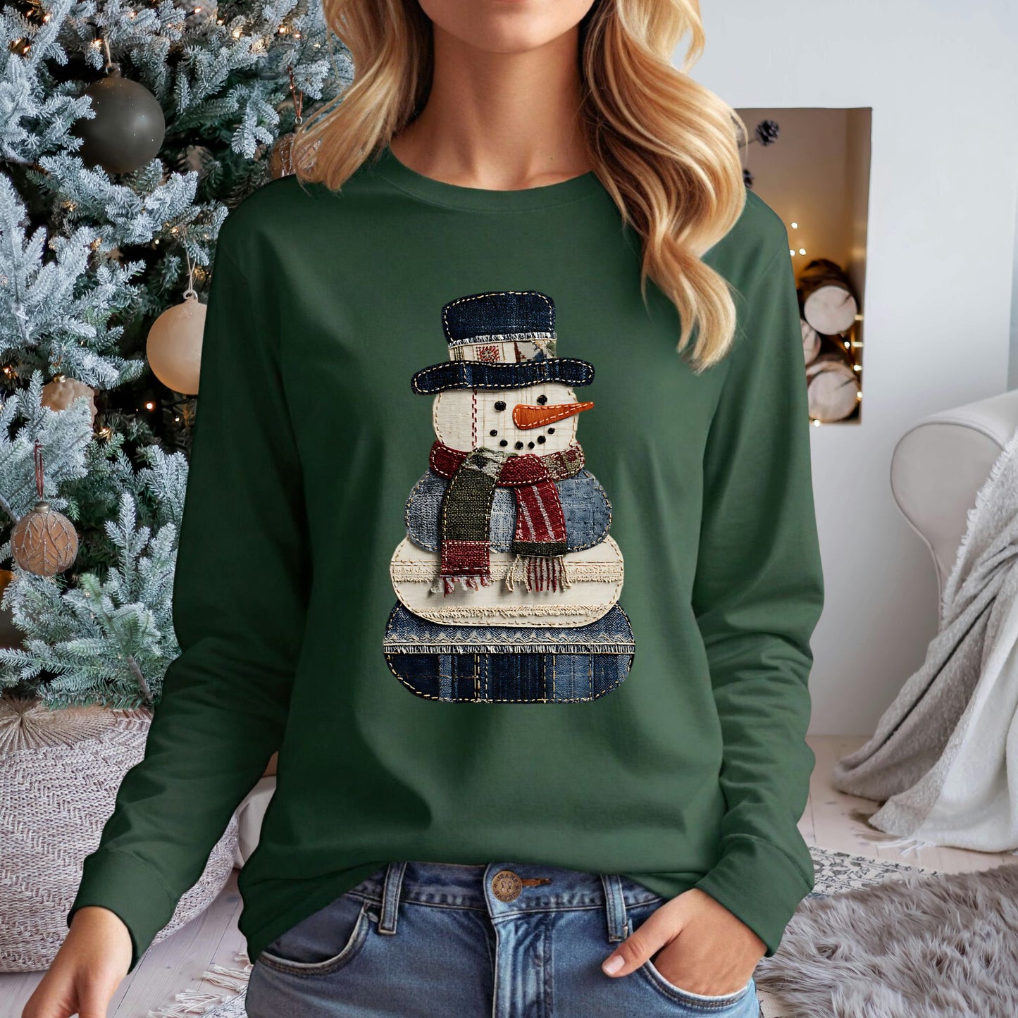 Faux Patchwork Denim Snowman Long Sleeve Tee