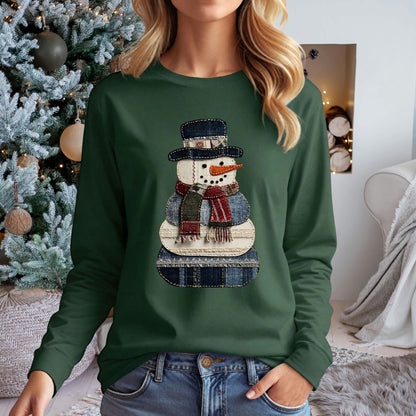 Faux Patchwork Denim Snowman Long Sleeve Tee