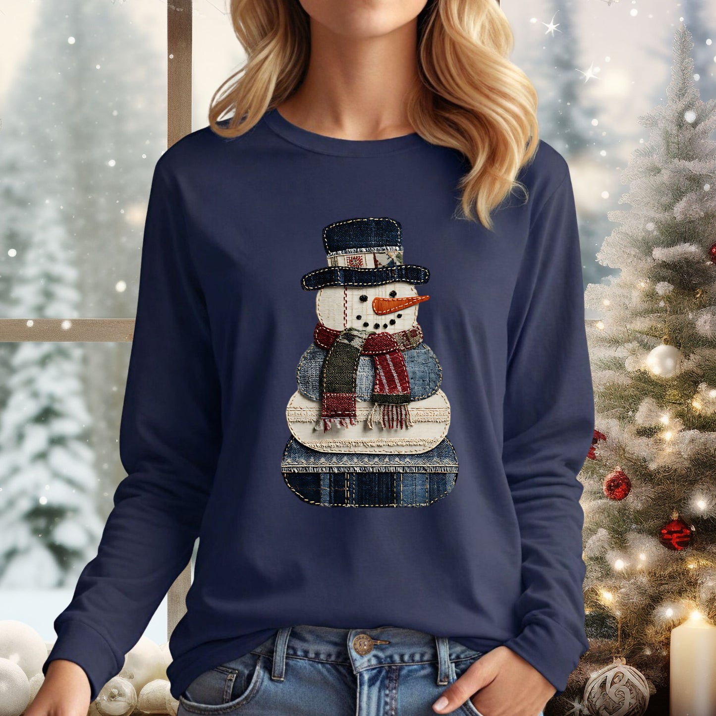 Faux Patchwork Denim Snowman Long Sleeve Tee