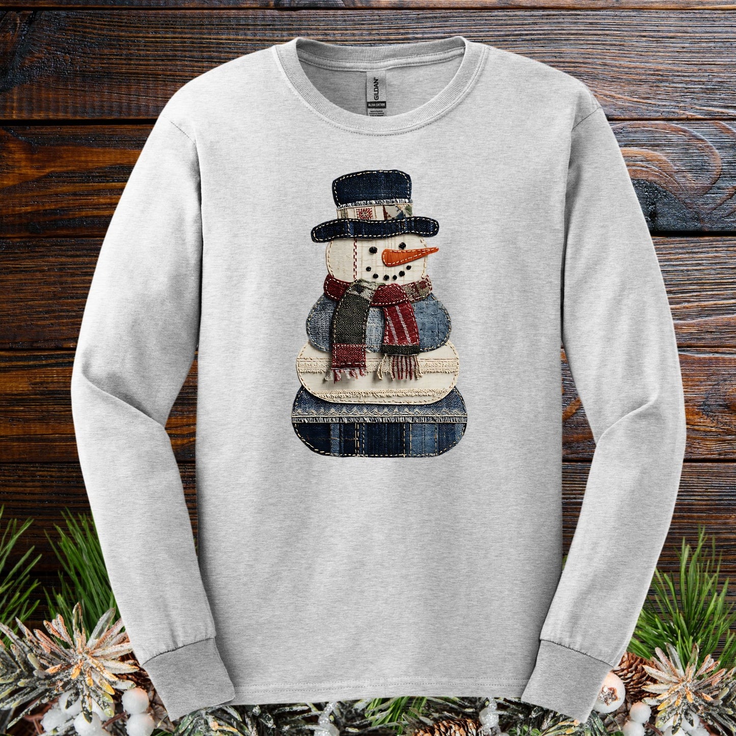 Faux Patchwork Denim Snowman Long Sleeve Tee