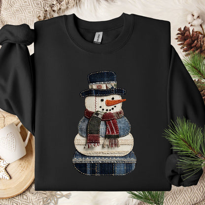 Faux Patchwork Denim Snowman Sweatshirt