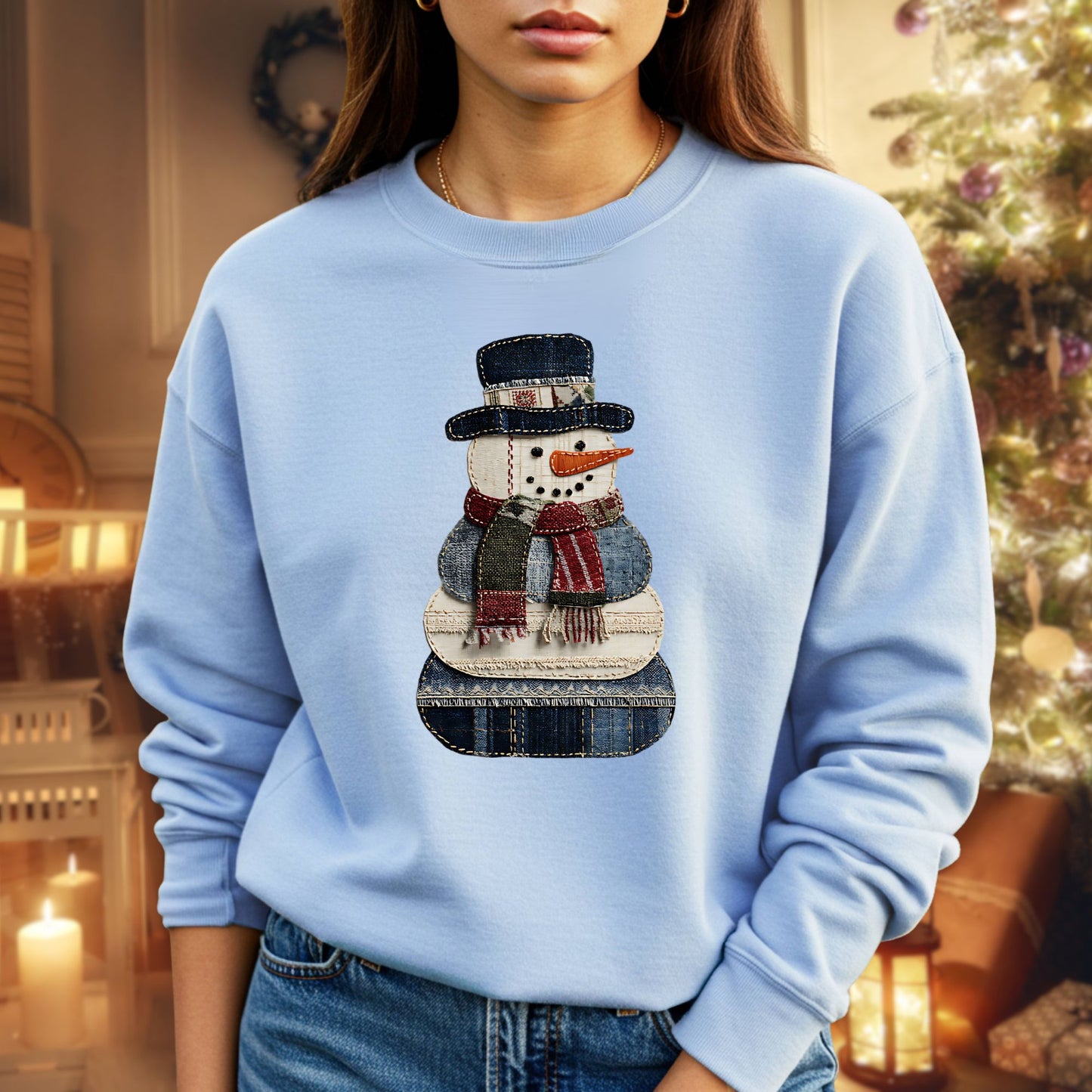 Faux Patchwork Denim Snowman Sweatshirt