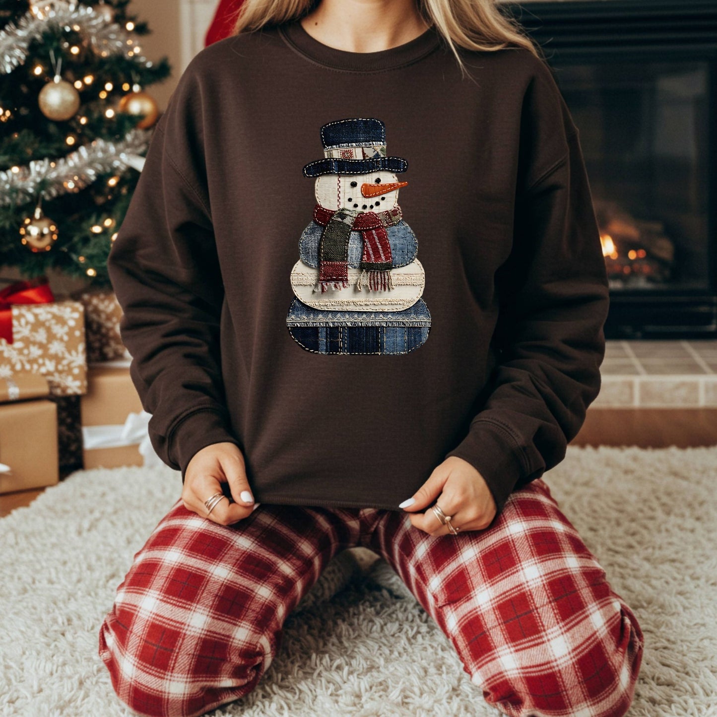 Faux Patchwork Denim Snowman Sweatshirt