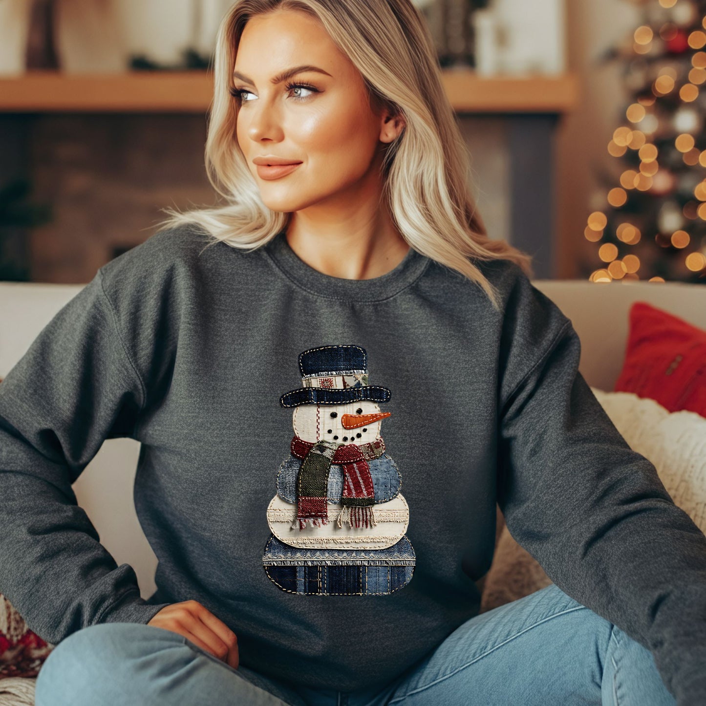Faux Patchwork Denim Snowman Sweatshirt