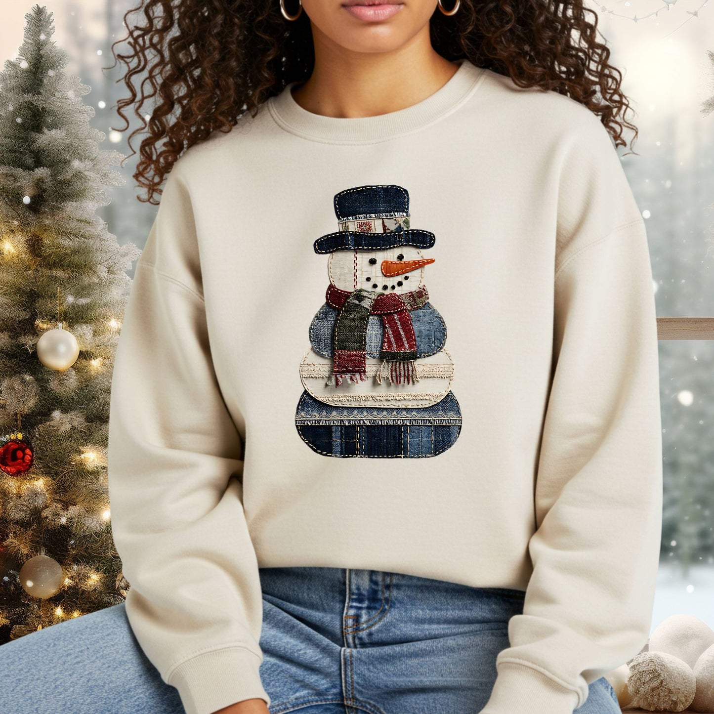 Faux Patchwork Denim Snowman Sweatshirt