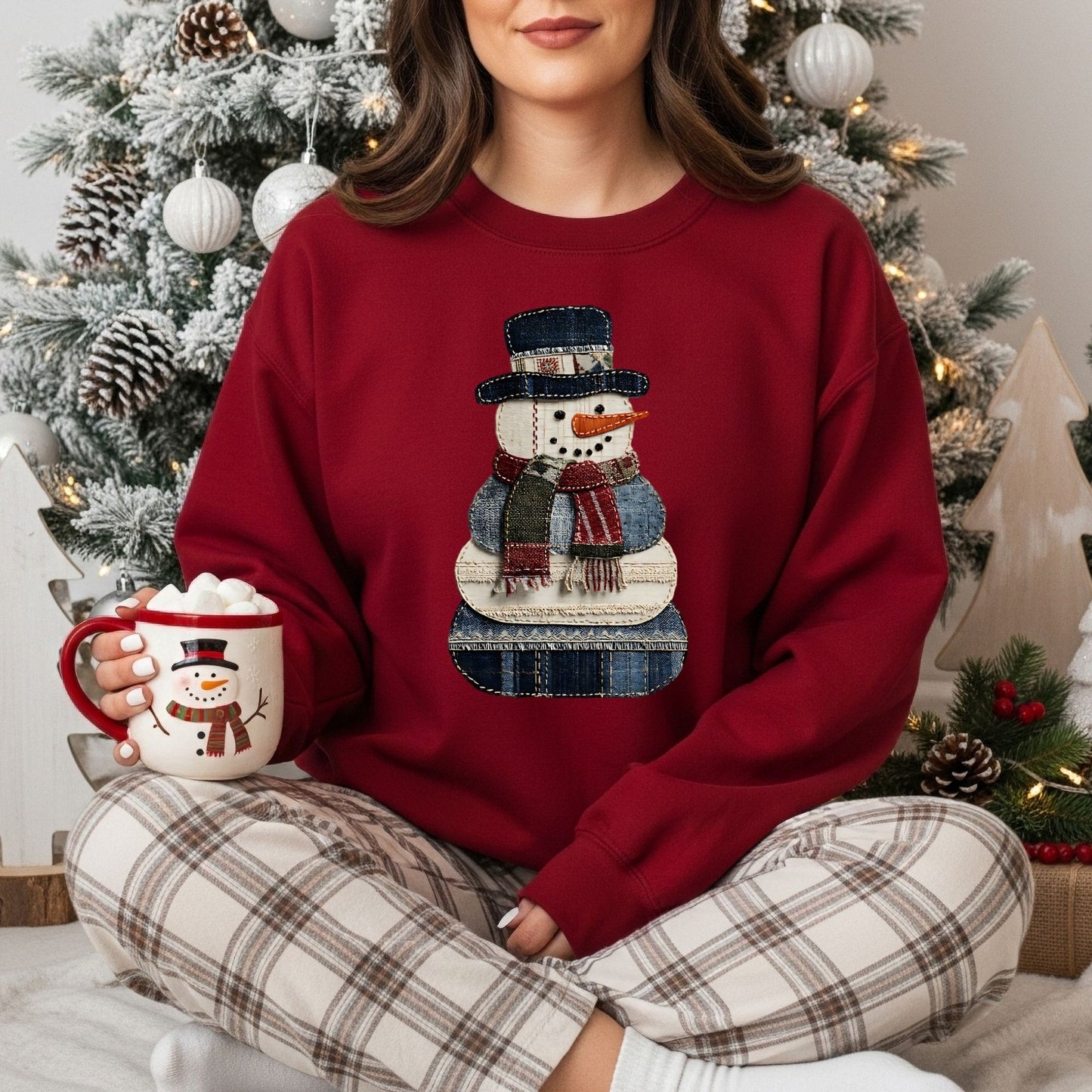 Faux Patchwork Denim Snowman Sweatshirt