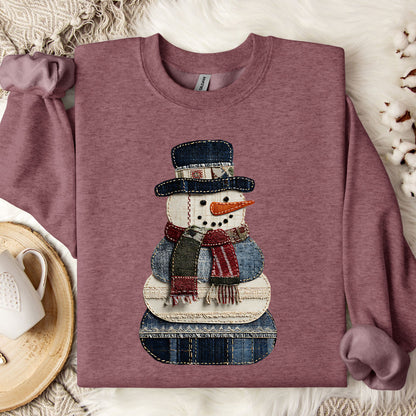 Heather Sport Dark Maroon Gildan sweatshirt with a faux patchwork denim snowman design.