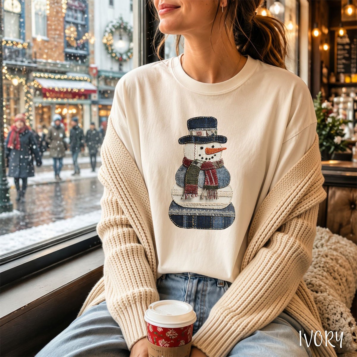 Faux Patchwork Denim Snowman T-Shirt