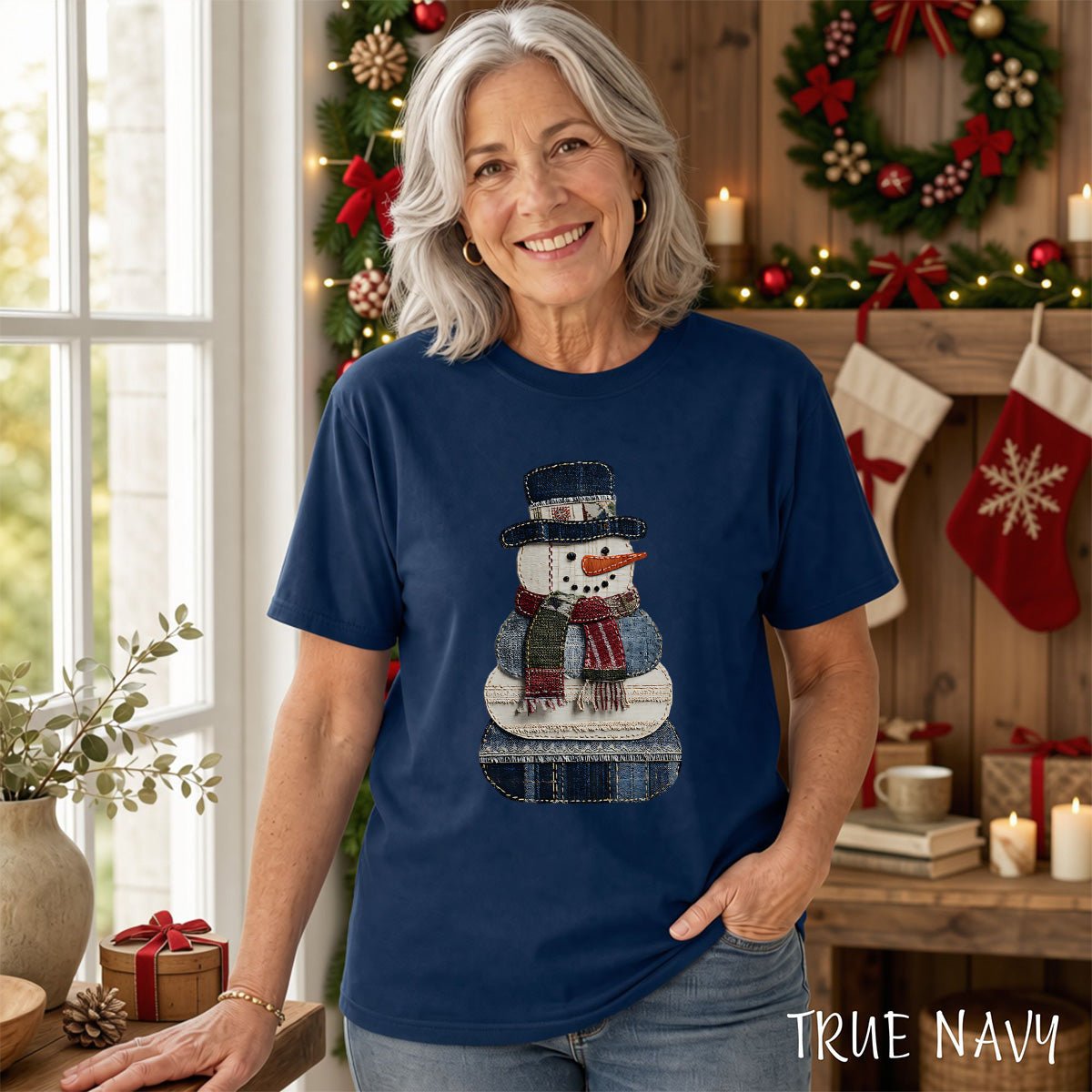 Faux Patchwork Denim Snowman T-Shirt
