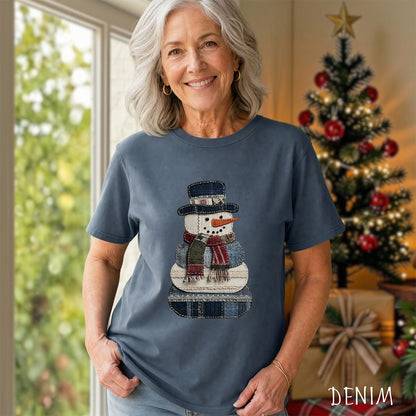 Faux Patchwork Denim Snowman T-Shirt