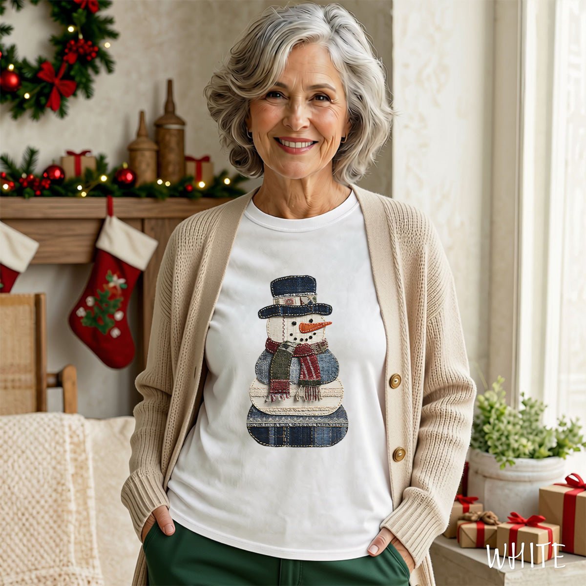 Faux Patchwork Denim Snowman T-Shirt