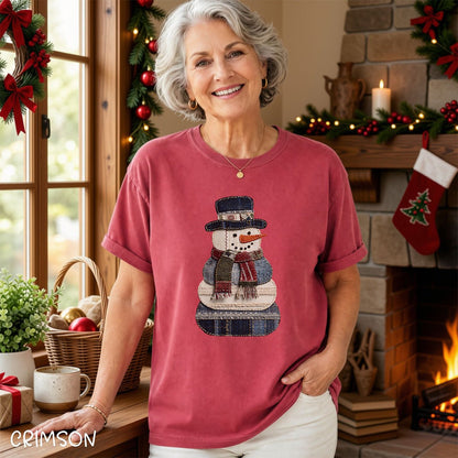 Faux Patchwork Denim Snowman T-Shirt