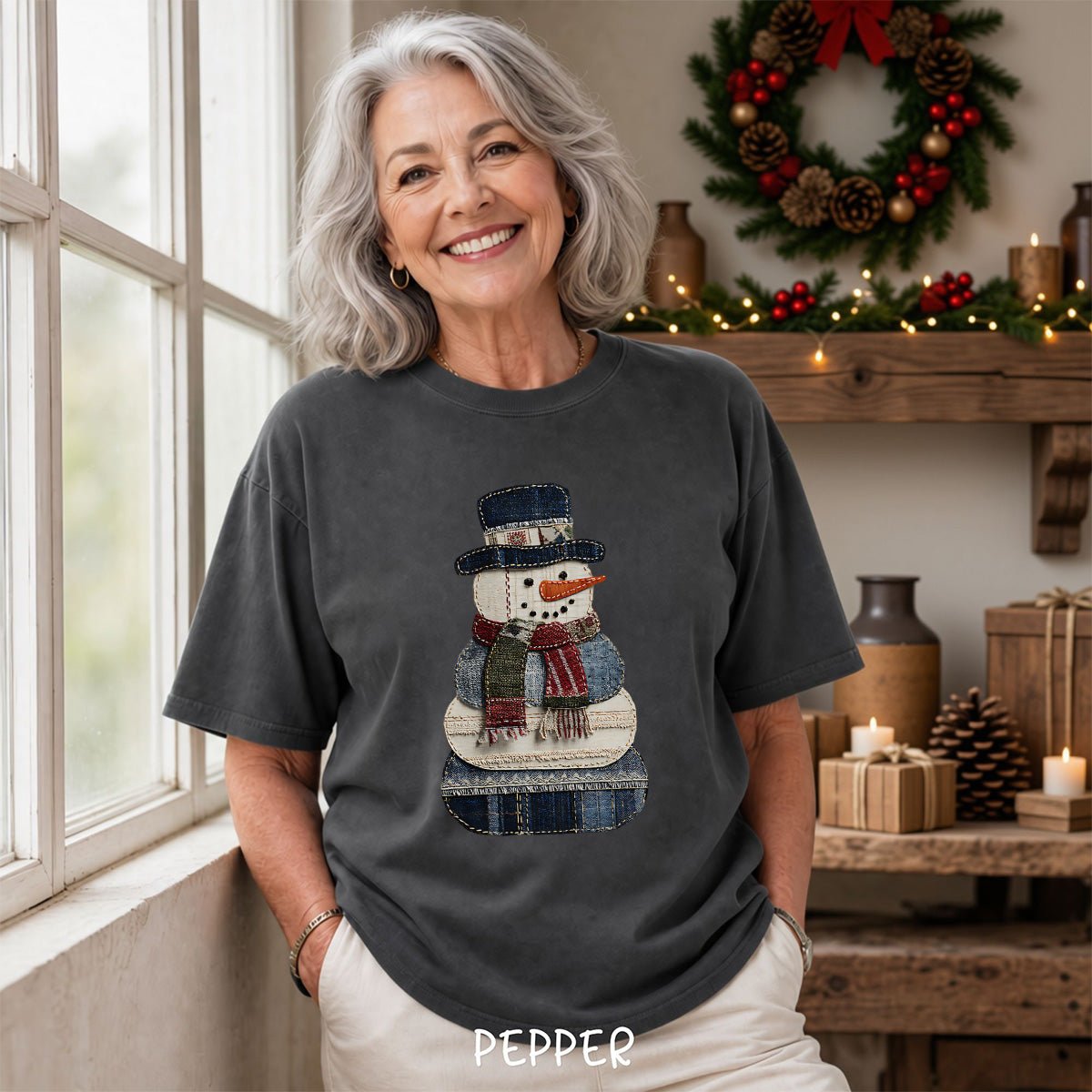 Faux Patchwork Denim Snowman T-Shirt