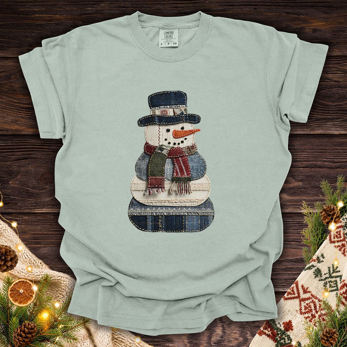 Faux Patchwork Denim Snowman T-Shirt