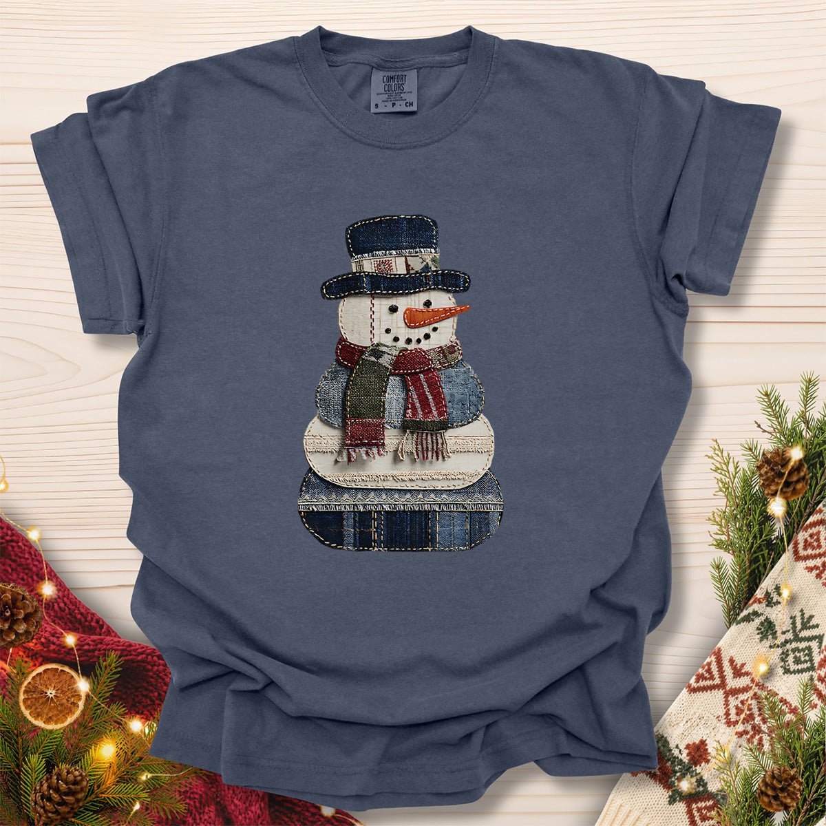 Faux Patchwork Denim Snowman T-Shirt