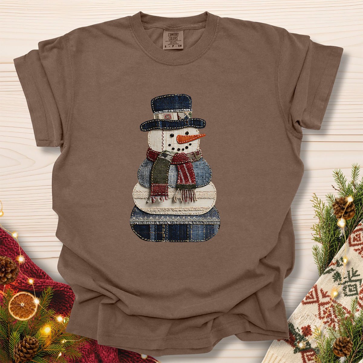 Faux Patchwork Denim Snowman T-Shirt