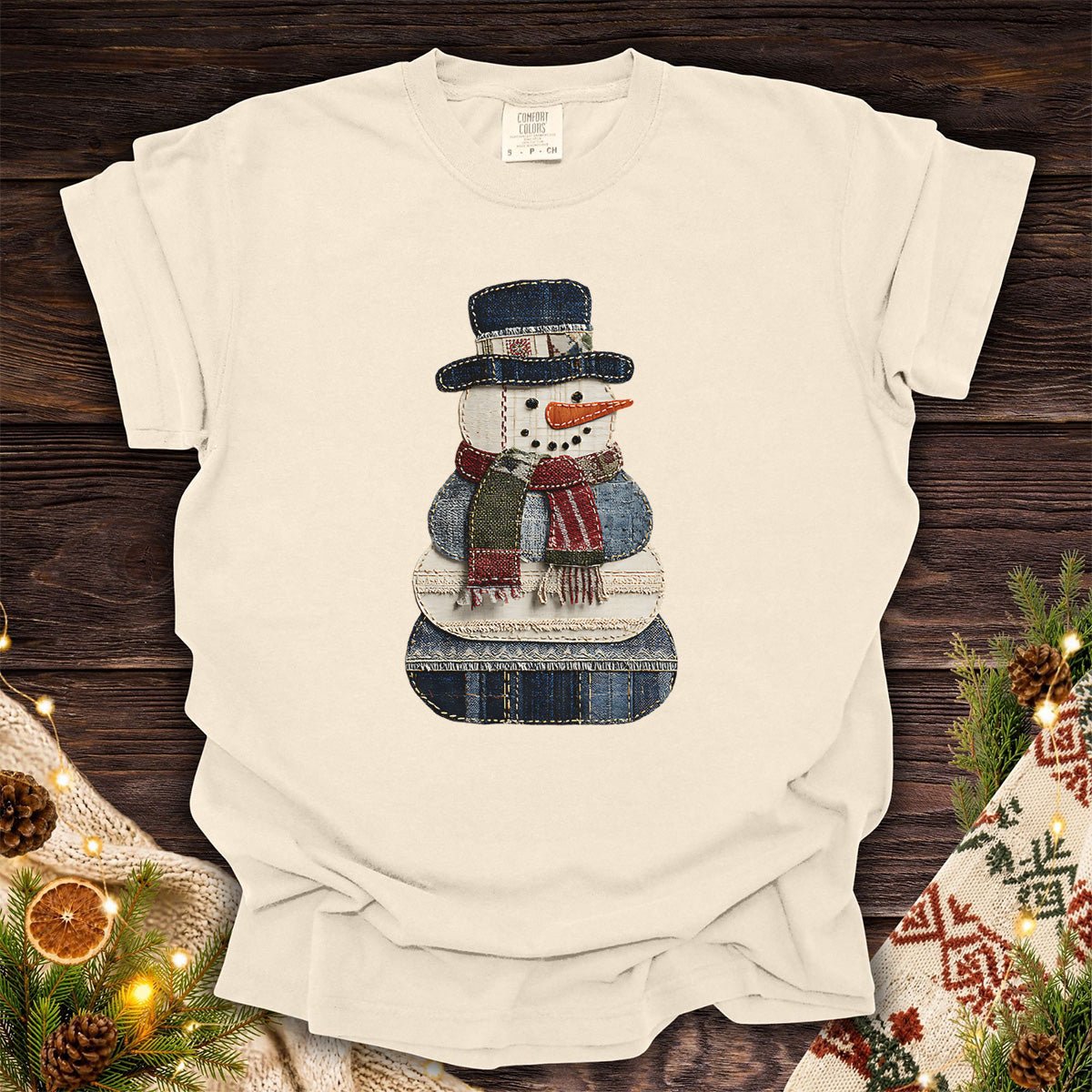 Faux Patchwork Denim Snowman T-Shirt
