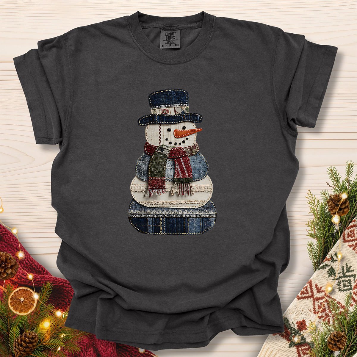 Faux Patchwork Denim Snowman T-Shirt