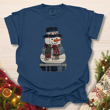 Faux Patchwork Denim Snowman T-Shirt