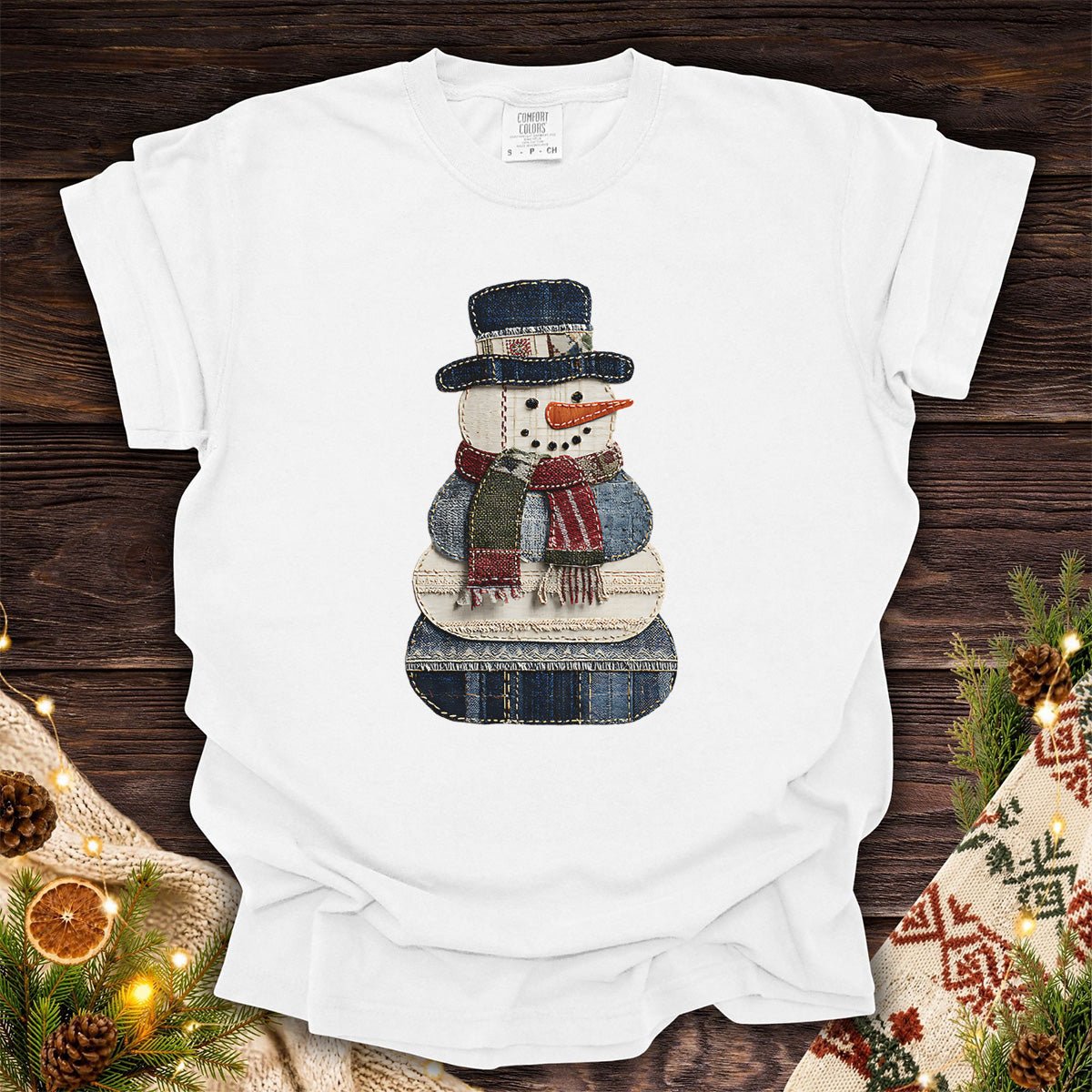 Faux Patchwork Denim Snowman T-Shirt