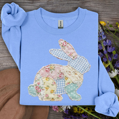 Carolina Blue Faux Patchwork Floral Bunny Sweatshirt with gingham and lace details, made from a cotton-poly blend.