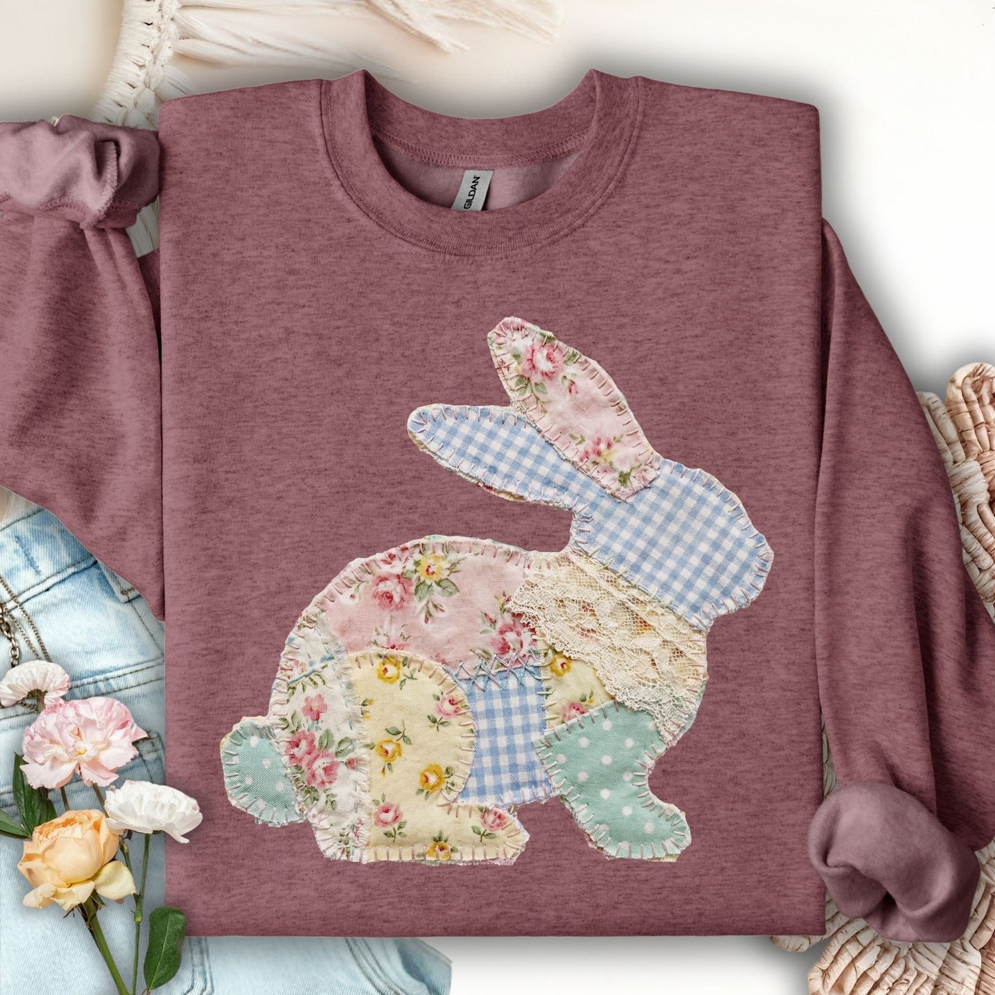 Heather Sport Dark Maroon sweatshirt with a patchwork floral and gingham bunny design.