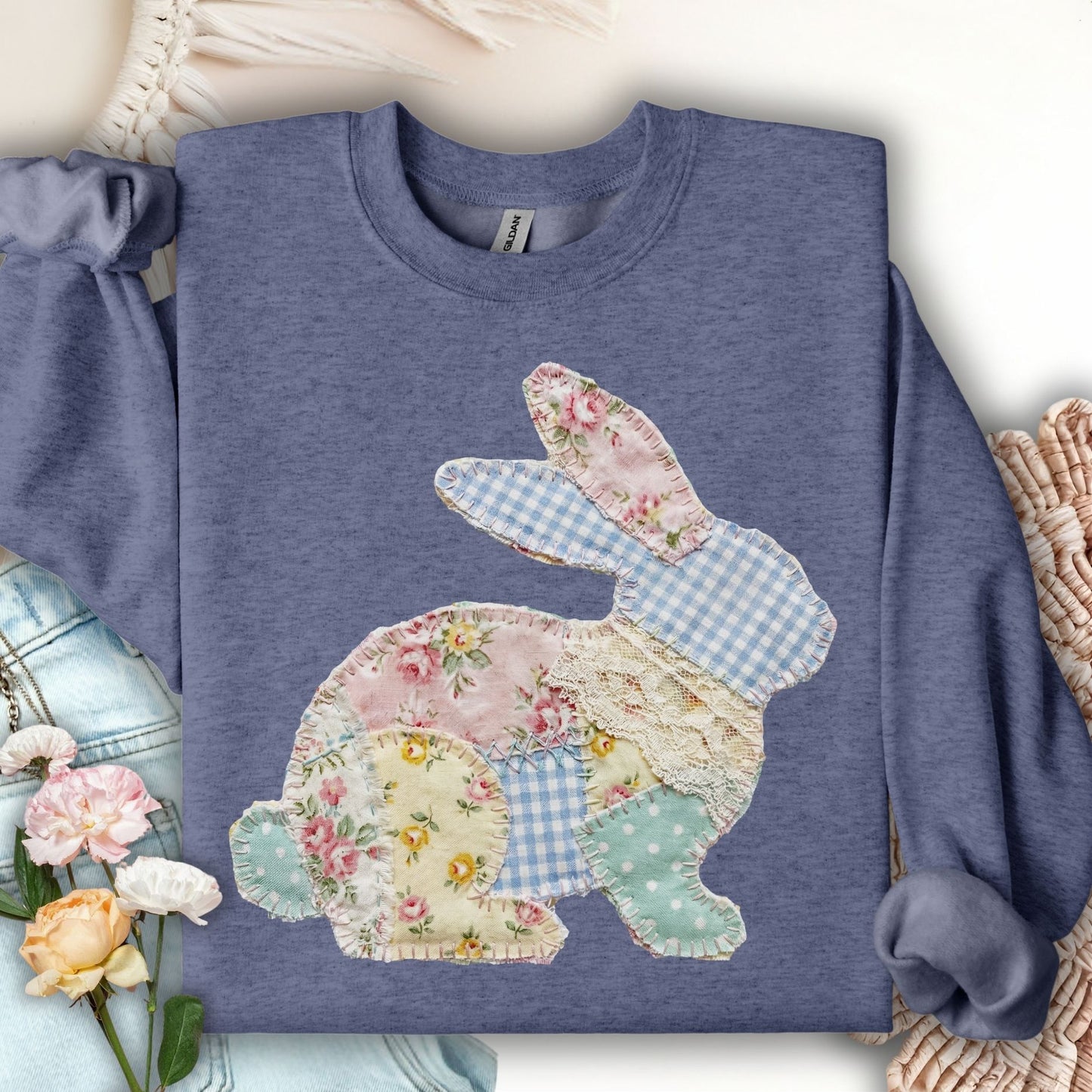 Heather Sport Dark Navy sweatshirt with a patchwork floral and gingham bunny design.