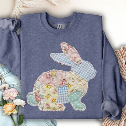 Heather Sport Dark Navy sweatshirt with a patchwork floral and gingham bunny design.