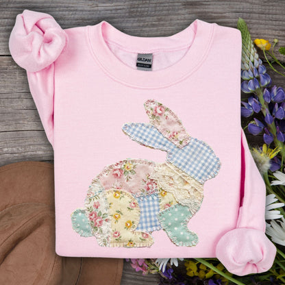 Light pink Gildan sweatshirt with a faux patchwork floral and gingham bunny design.