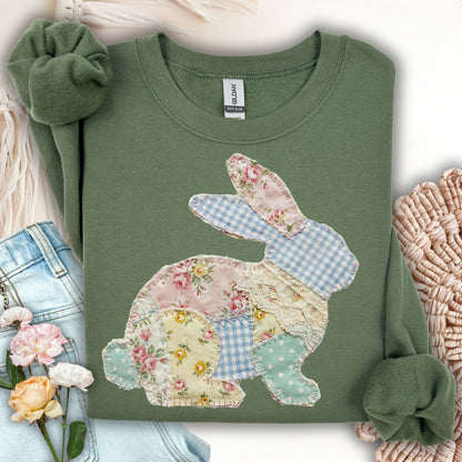 Military green crewneck sweatshirt with a faux patchwork floral and gingham bunny design.