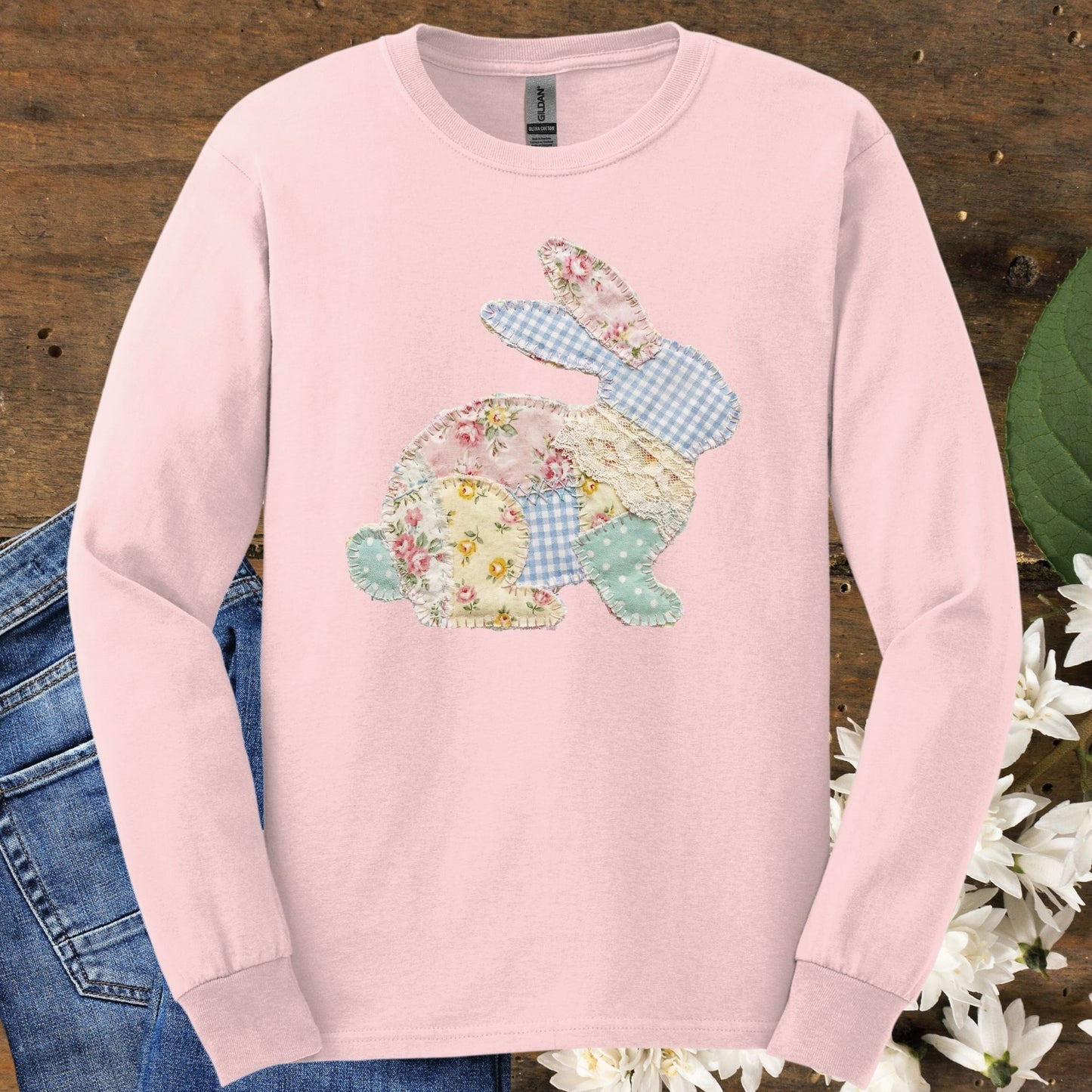 Faux Patchwork Floral Easter Bunny Long Sleeve Tee