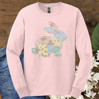 Faux Patchwork Floral Easter Bunny Long Sleeve Tee