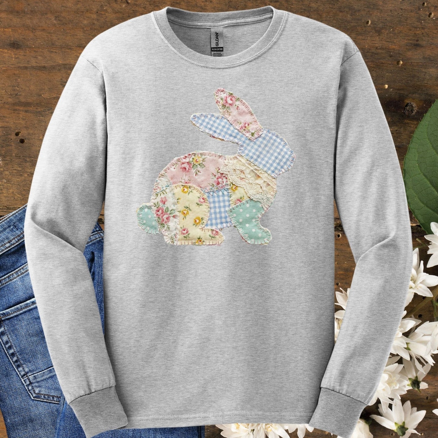 Faux Patchwork Floral Easter Bunny Long Sleeve Tee