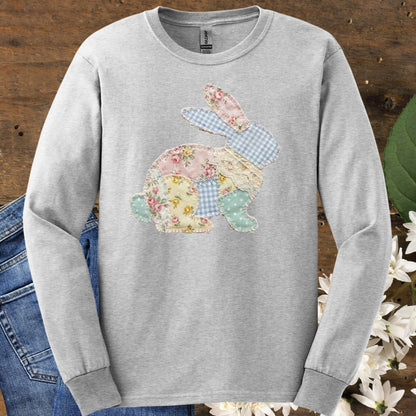 Faux Patchwork Floral Easter Bunny Long Sleeve Tee