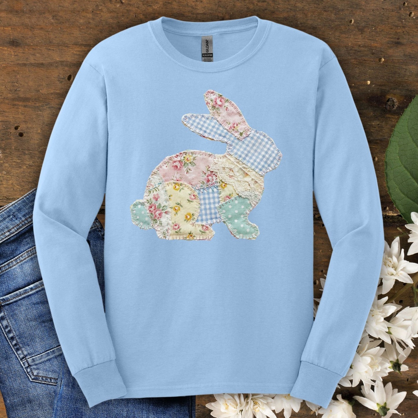 Faux Patchwork Floral Easter Bunny Long Sleeve Tee