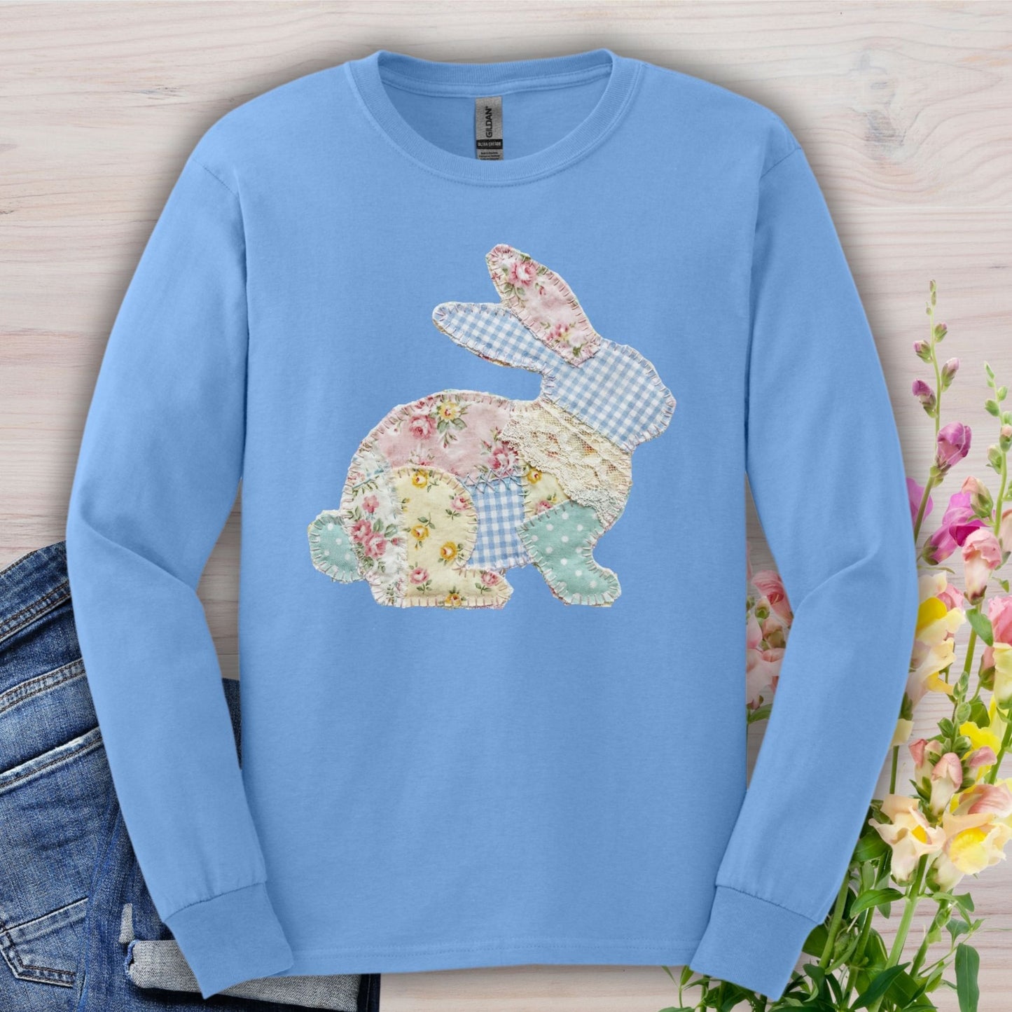 Faux Patchwork Floral Easter Bunny Long Sleeve Tee