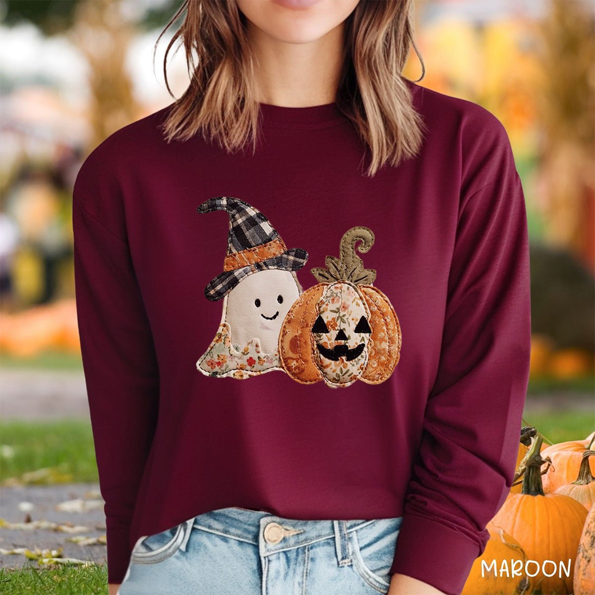 Faux Patchwork Ghost & Jack 'O Lantern Long Sleeve Tee
